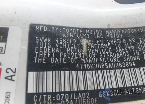 2010 Toyota Avalon Xls from USA, damaged, VIN 4T1BK3DB5AU363884